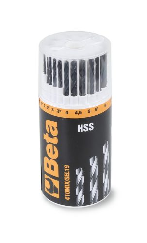Beta 410MIX/SEL19 13 darab 410 típusú csigafúróból és 6 darab keményfémlapkás fúróból álló készlet műanyag dobozban 