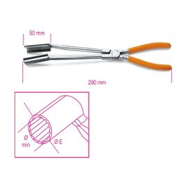   BETA 1474L Gyertyakiszedő fogó, 15°-os hajlított pofával, hosszított kivitel, krómozott, PVC-bevonatú szárral