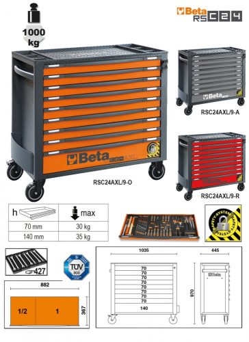 BETA RSC24AXL/9-R-9  fiókos szerszámkocsi borulásgátló rendszerrel, hosszú modell