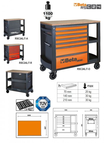 BETA RSC24L/7-R-7 fiókos szerszámoskocsi oldalpolccal