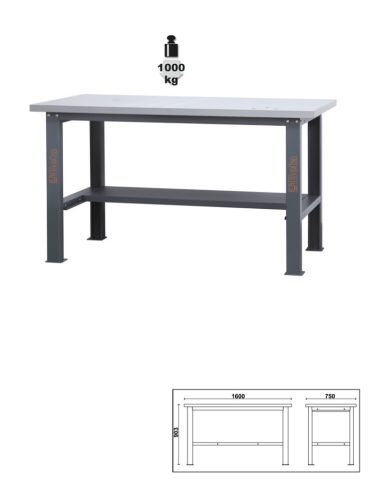 Beta C58BC-X1,6 Egyszerű rozsdamentes acéllal fedett MDF munkalapos munkapad, 1,6 m széles