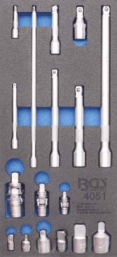 BGS technic 1/3 Szerszámtálca szerszámkocsihoz: 17 részes hosszabbító szár, adapter és csuklós adapter készlettel (BGS 4051)