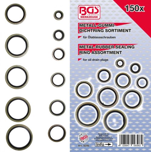 BGS technic 150 részes gumibetétes fém tömítőgyűrű készlet, olajleeresztő csavarokhoz (BGS 9306)