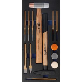   BGS technic 1/3 Szerszámtálca szerszámkocsihoz: 14 részes cserélhető fejű kalapács, csapszegkiütő és véső készlettel (BGS 4129)