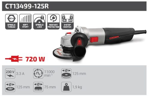 CROWN CT13499-125R Sarokcsiszoló - 720W 125 mm