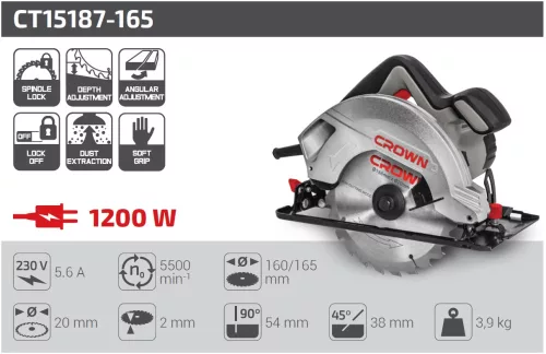 CROWN CT15187-165 Körfűrész - 1200 W 165 mm