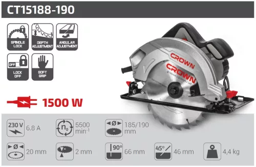 CROWN CT15188-190 Körfűrész 1500 W 190 mm