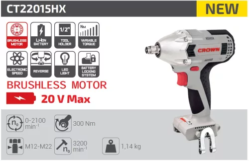 CROWN CT22015HX Akkus ütvecsavarozó 1/2" (csak gép) - 20V 250Nm