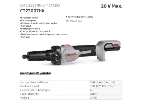 CROWN CT23007HX Akkus egyenes csiszoló - 20V változtatható sebesség
