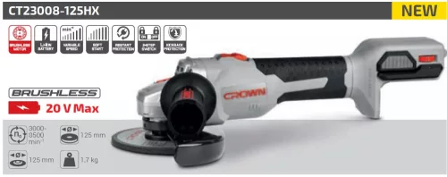 CROWN CT23008-125HX Akkus sarokcsiszoló - 20V 125mm - szénkefe nélküli