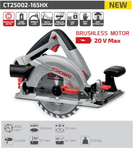 CROWN CT25002-165HX Akkus körfűrész - 20V - 165mm szénkefe nélküli