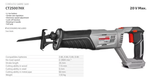 CROWN CT25007HX Akkus orrfűrész 20V - akku, töltő és koffer nélkül