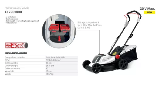 CROWN CT29018HX Akkus fűnyíró 20 V akku és töltő nélkül