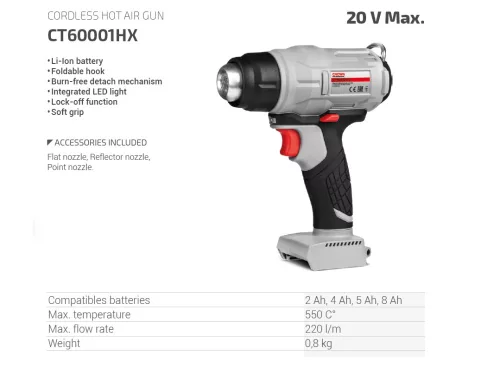 CROWN CT60001HX Akkus hőlégfúvó 20V, akku, töltő és koffer nélkül
