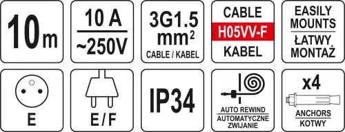 YATO Elektromos kábeldob automata falra szerelhető 3x1,5mm2 10m (YT-81220)
