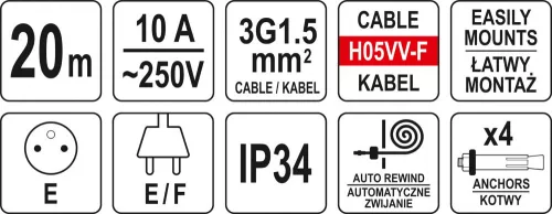 YATO Elektromos kábeldob automata falra szerelhető 3x1,5mm2 20m (YT-81221)